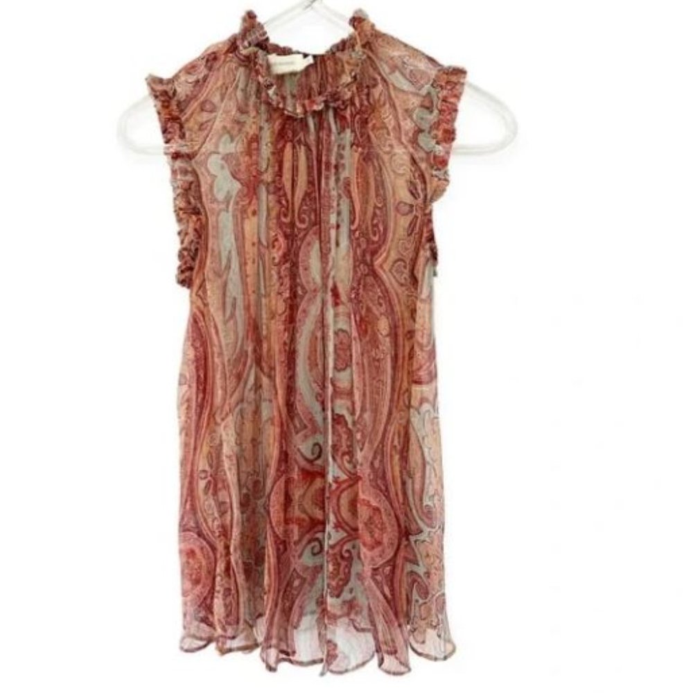 Zimmermann Red Paisley Ruffle Neck Sleeveless Blouse
